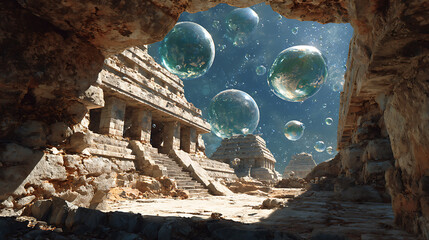 Ancient mayan ruins with floating bubbles surreal landscape fantasy art wallpaper background hd high quality image