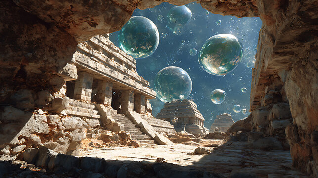 Ancient mayan ruins with floating bubbles surreal landscape fantasy art wallpaper background hd high quality image