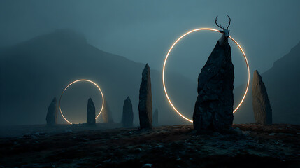 Mystical deer skull on rock with glowing circle in foggy landscape digital art background wallpaper design