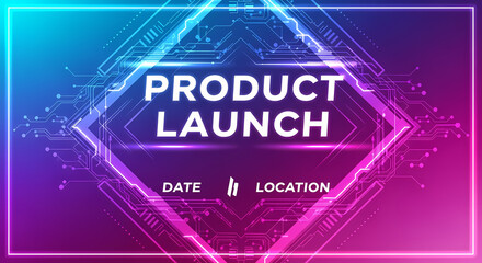 Abstract technological background with glowing neon lines and a central frame, ideal for a new product debut or event invitation