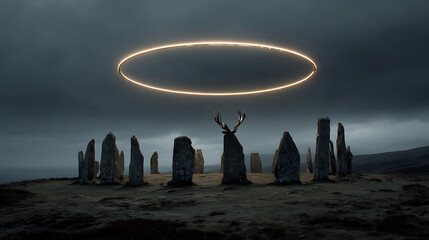 Atmospheric stone circle with deer and glowing ring fantasy landscape wallpaper background desktop hd art