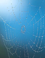 Dew-kissed spiderweb against a soft blue sky