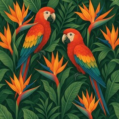 Obraz premium Scarlet Macaws and Bird of Paradise Flowers, lush tropical foliage, vibrant colors, detailed illustration