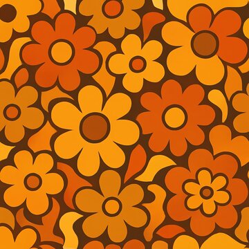 Retro 70s Flower Pattern, Orange and Brown Floral Design, Seamless Textile Background