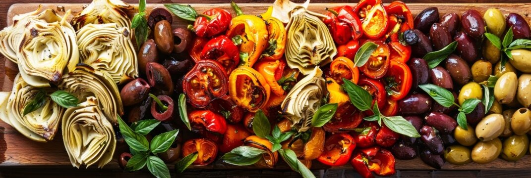 A vibrant Mediterraneaninspired veggie platter featuring grilled artichokes roasted peppers and marinated olives. - Powered by Adobe