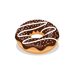 Delicious chocolate frosted donut with white drizzle and sprinkles on a white background