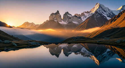 Epic mountain landscape with misty valleys, vibrant sunrise sky, and crystal-clear lake reflections.