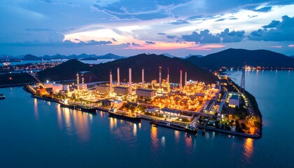 Naklejka premium Coastal industrial complex at dusk. Lit buildings and towers glow against dark hills and a colorful sky