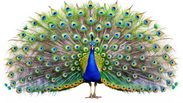 peacock in-full-display- feather isolated on white