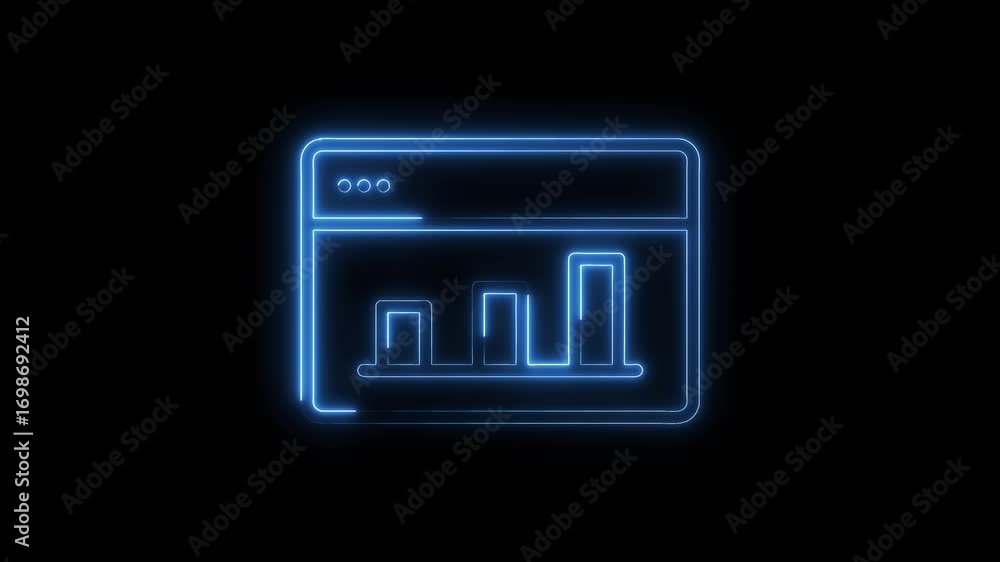 Poster glowing blue bar graph in browser window animation on black background for technology