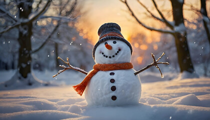 Obraz premium Happy Smiling Snowman in a Snowy Forest, Winter Scene at Golden Hour
