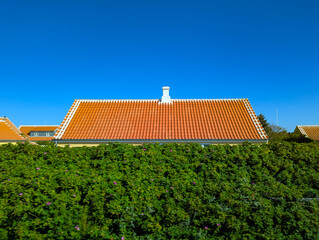 Skagen, Denmark-13.08.2025: Red Roof House Behind Green Hedge