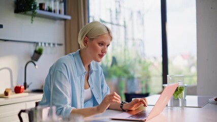 Smiling woman working notebook in kitchen closeup. Content lady shutting laptop - Powered by Adobe