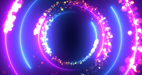 Lens flare particles neon circles moving glowing on dark background. Glittering energetic portal faith futuristic presentation bg. Mystical nebula galaxy colors lighting, space ethereal spiritual.