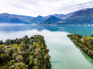Aerial nature landscape near Colico village in Lake Como Italian Alps mountains in Lombardy