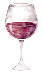 Watercolor illustration of a wine glass filled with red wine, painted with elegant light effects. Perfect for restaurant menu, packaging, postcard, invitation, kitchen print, or vineyard branding
