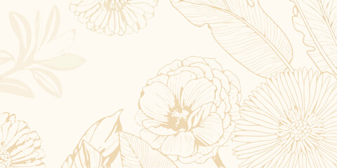 Elegant botanical illustration of delicate beige flowers and leaves on a soft cream background
