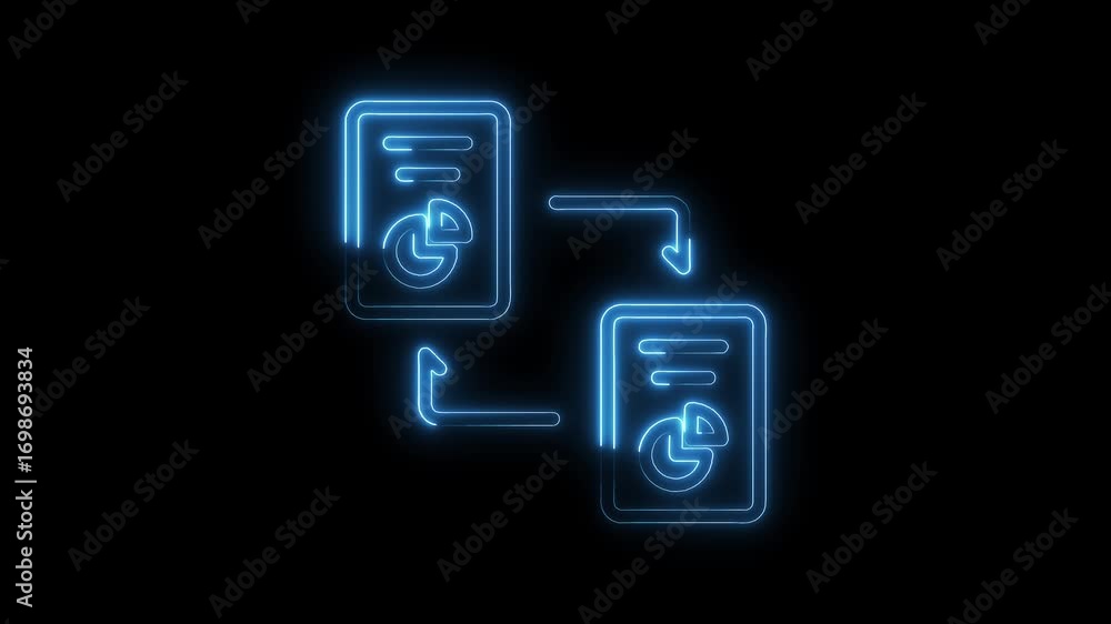 Poster glowing neon reports exchange concept with pie chart data transfer on black background