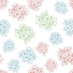 Delicate floral pattern with red blue and green blossoms scattered on a white background