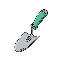 A cartoon illustration of a small hand trowel tool with a comfortable green grip and a silver metal blade perfect for gardening tasks