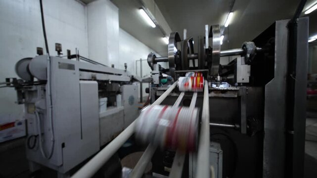 Automated Production Line: A high-speed automated production line is actively packaging consumer goods, showcasing the efficiency and modernity of industrial manufacturing processes.