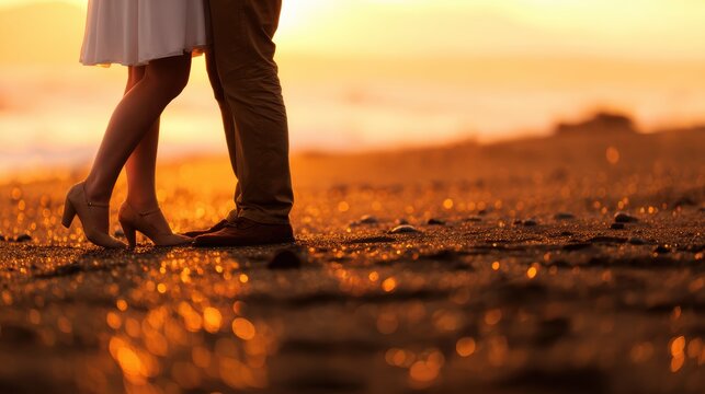 Romantic couple embracing at sunset on a beach, with gentle waves and soft golden light in the background - Powered by Adobe