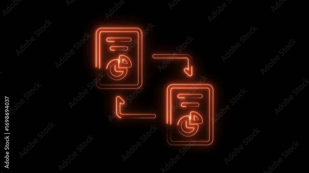 Poster neon data transfer animation of financial reports illustrating data analysis and business intelligen
