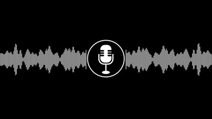 A microphone icon with white animated equalizer. Animation for video podcast, broadcast, radio, intro or opener. Music or sound vizualization with sound wave, and black background and video animation.