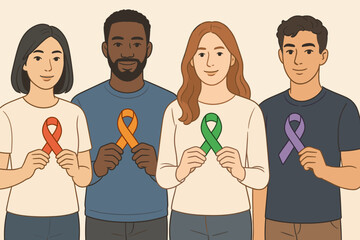 Diverse Community Holding Rare Disease Awareness Ribbons Illustration