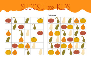 Pumpkins sudoku educational game or leisure activity worksheet illustration, printable grid to fill in missing images, autumn Thanksgiving topical vocabulary, puzzle with solution, teacher resources