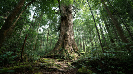 A large tree with a thick trunk in a dense forest with sunlight shining through the canopy above it