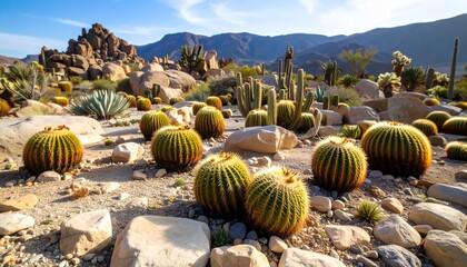 Vibrant desert landscape featuring various cactus species and arid vegetation under clear skies