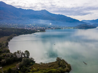 Aerial nature landscape near Colico village in Lake Como Italian Alps mountains in Lombardy