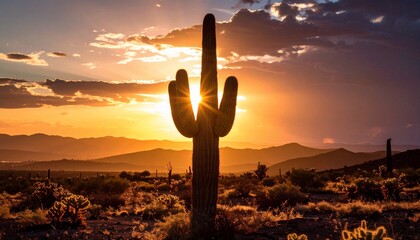Scenic saguaro cactus silhouette at sunset with mountains and desert landscape backdrop
