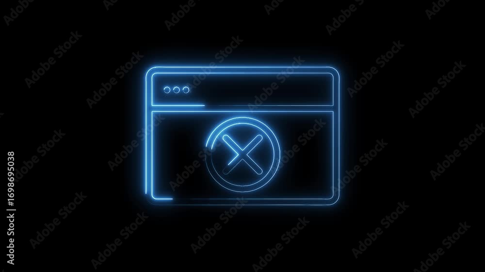 Poster neon error window with cross symbol on black background glowing blue lines animation