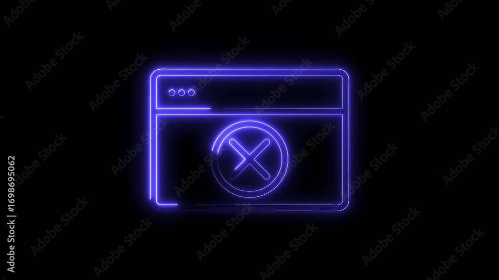 Poster neon web browser window with close icon animation on black background