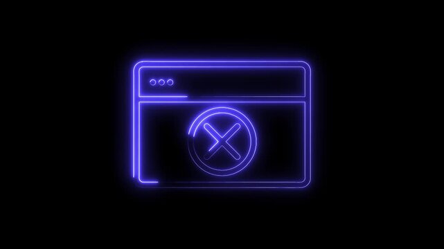 Neon web browser window with close icon animation on black background