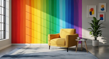 Colorful Interior with Rainbow Wall, Yellow Chair, and Shadow Play