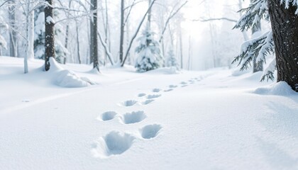 Fototapeta premium Snowy forest path with footprints leading through white landscape 