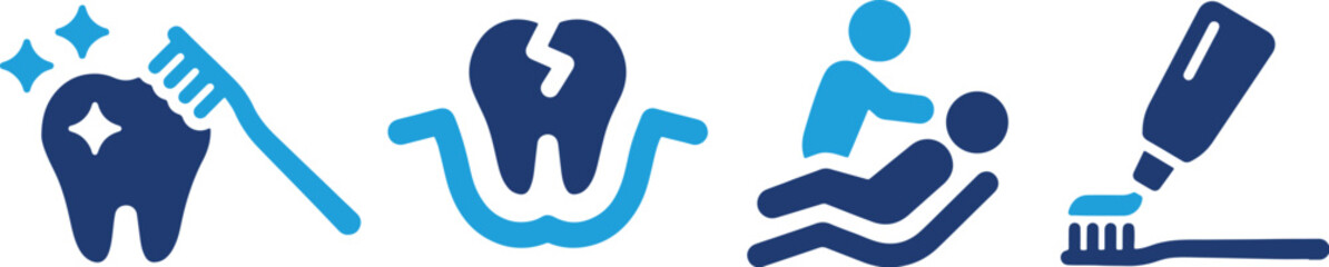 dental, care, hygiene, tooth, toothbrush, toothpaste, dentist, patient, icon, set, collection, blue, dark blue, symbol, graphic, design, health, medical, clean, sparkle, broken, treatment, prevention,