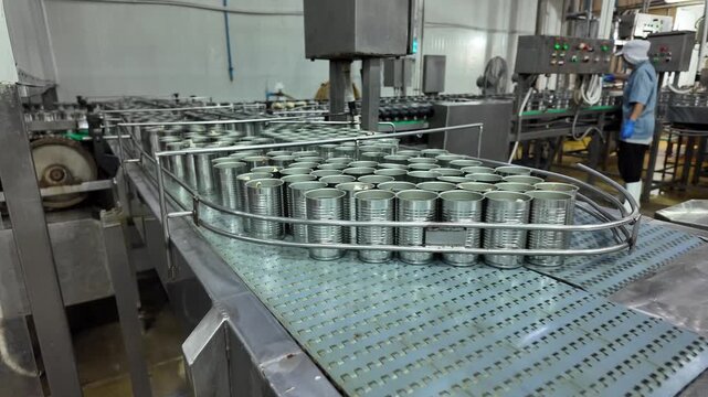 Canning Line Operation: A high-speed canning line in a food processing facility, with rows of empty metal cans moving along a conveyor belt under automated machinery.