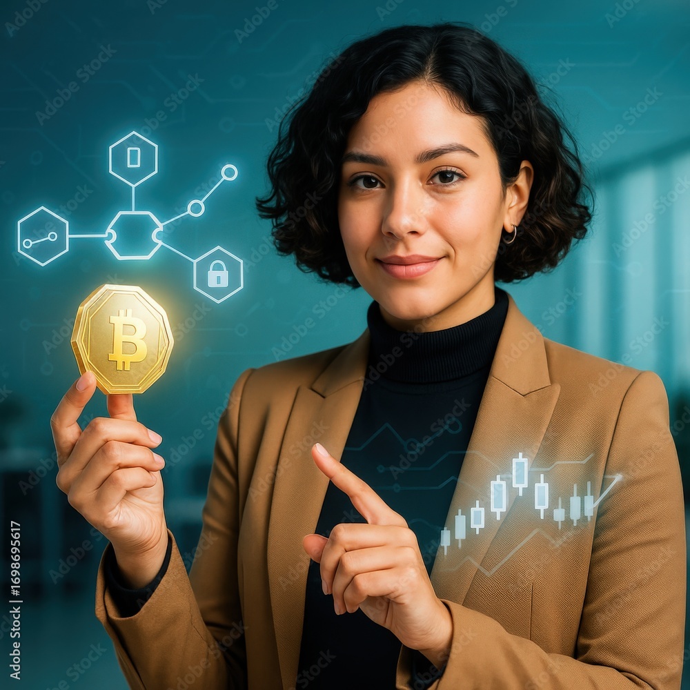 Aufkleber a woman holding bitcoin and pointing towards the future of financial technology. the image features 