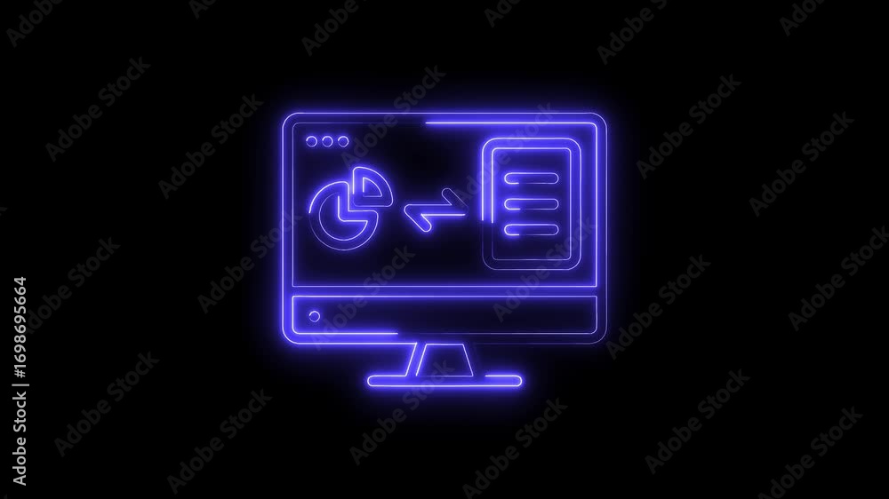 Poster neon data analysis on computer screen with pie chart and report glowing concept