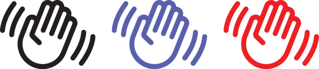 hand, waving, greeting, hello, goodbye, gesture, communication, icon, symbol, design, graphic, illustration, black, blue, red, outline, simple, minimalist, motion, movement, signal, welcome, friendly,