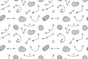 Whimsical hand drawn arrows and abstract shapes seamless pattern on white background