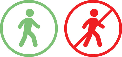 pedestrian, walking, person, icon, symbol, green circle, red circle, prohibition, access, allowed, forbidden, no entry, stop, danger, safety, traffic, sign, graphic, design, illustration, human figure