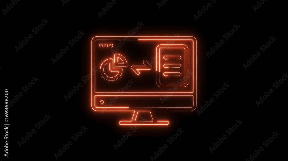 Poster orange neon computer displaying data transfer graph to report on black background animation