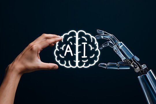 Human hand and robotic arm collaborating on ai brain concept representing future technology
