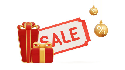 3D red gift boxes with golden ribbons, SALE coupon and hanging percent decorations isolated on white background for Christmas discount and holiday promotion