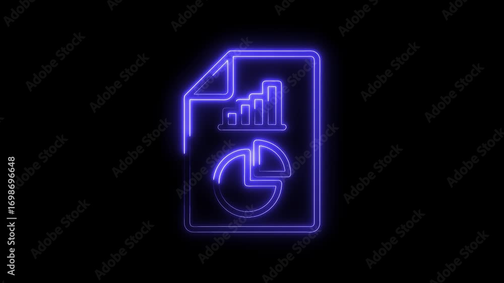 Poster glowing neon style finance data report with bar chart and pie chart animation